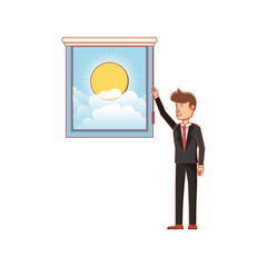 window with view of day and businessman