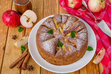 Delicious apple pie with cinnamon and caramel sauce. Traditional cake Charlotte.