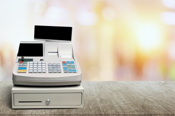 Cash register with LCD display on background
