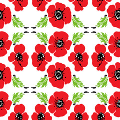 Seamless pattern of red poppies with green leaves on a white background. Vector illustration.