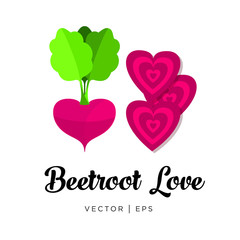 Fresh red beetroot, cut sliced, haulm, vector editable illustration. Flat simple style, heart shape, loving food concept.
