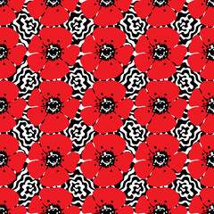 Hand drawn seamless pattern of red poppies on black waves background. Vector illustration.