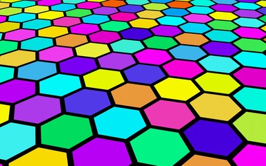Honeycomb multi-colored. Perspective view on polygon look like honeycomb. Wavy surface. Isometric geometry. 3D illustration