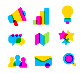 Vector creative set of multicolor transparent business icon on white background.