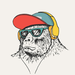 gorilla listening music in headphones.Hand drawn vector illustration.Prints design for t-shirts © Galacticus
