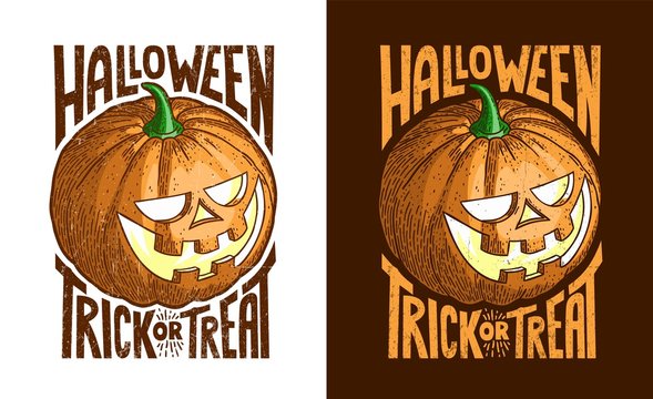 Halloween retro vintage pumpkin Jack-o-lantern. Color vector in the style of engraving. Worn textures on a separate layer.