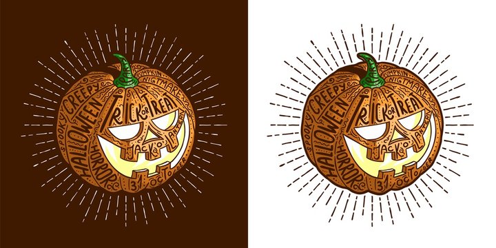 Halloween smiling retro pumpkin with fine detailed lettering on the surface. Vector hipster illustration.