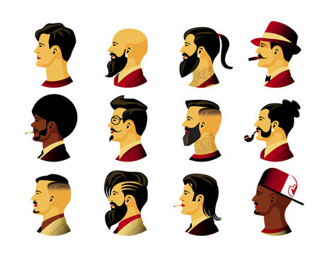 Collection of profile portraits or heads of male cartoon characters with various hairstyles and costumes isolated on white background. Set of avatars. Vector illustration in flat style