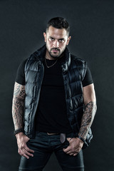 Masculinity and fashion concept. Tattoo brutal attribute. Man confident unshaven brutal appearance...