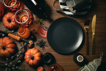festival halloween holiday dinner prop decoration with wood table background