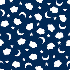 Vector seamless pattern of white clouds, moon and stars on dark blue background.