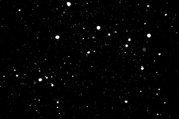 Snowstorm texture. Bokeh lights on black background, shot of flying snowflakes in the air