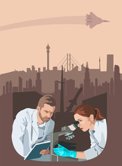 Two young scientists with a microscope in the background of a futuristic landscape. Scientific progress. Vector illustration