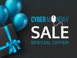 Cyber monday sale poster or banner for seasonal discounts. Black box with realistic silk blue bow and balloons on code background. Sale concept. Vector illustration.