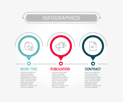 Modern vector illustration. Infographic template with three elements, circles and text. Timeline step by step. Designed for business, presentations, web design, diagrams, training with 3 steps