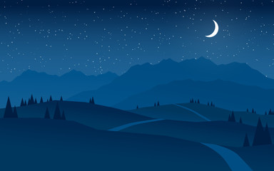 mountains and hills at night landscape flat design
