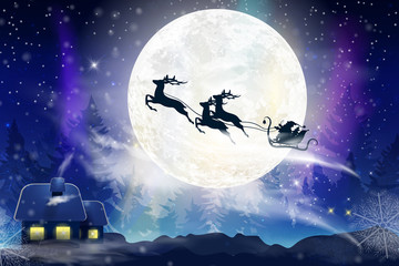 Winter blue sky with falling snow, snowflakes with a winter landscape with a full moon