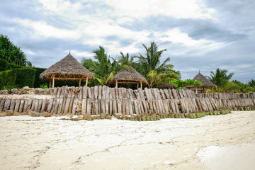 zanzibar coast with wooden fence and palms on Kendwa beach