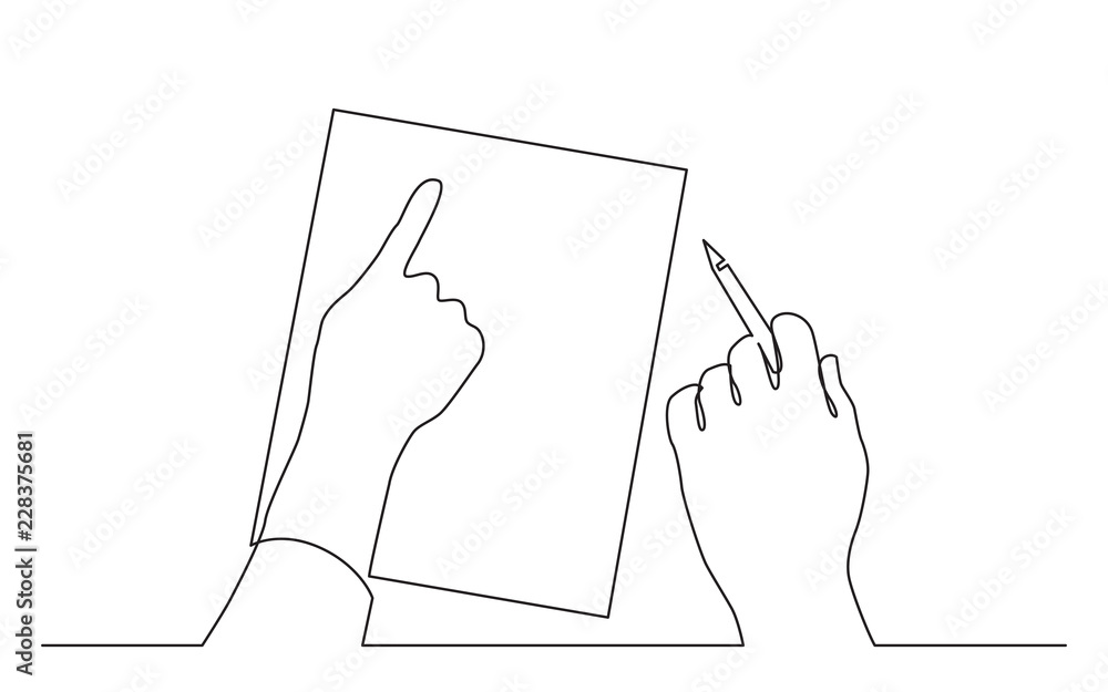Aufkleber continuous line drawing of two hands pointing at blank piece of paper