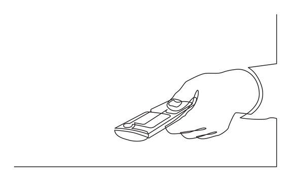 continuous line drawing of hand clicking remote control