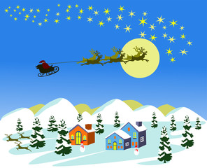 Three deer are dragging the Santa Car to the stars on blue background. There are  houses and snow mountains as the ground.