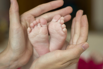 Obraz na płótnie Canvas Closeup of small feet of newborn in caring loving mother's hands