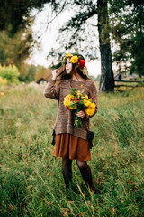 young brunette woman portrait in autumn color