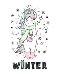 Magic unicorn with winter accessories. Winter lettering.
