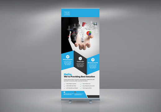 Advertising Roll-Up Banner Layout with Blue Accents