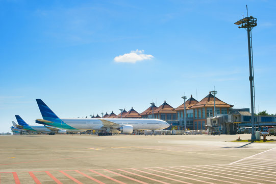 Bali airport with many airplanes
