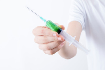 hand syringe of vaccine or antibiotic, medicaments