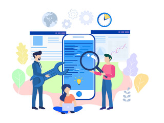 Mobile application development process flat vector illustration. Software API prototyping and testing background. Smartphone interface building process, mobile app build