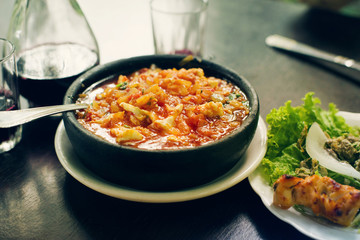 Georgian fried eggs with vegetables. Adzharian traditional cuisine