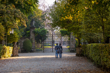 Young couple walking in the middle of an autumnal path
