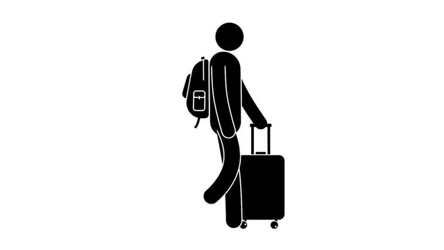 Man walks with travel suitcase on four wheels and  backpack behind his back. Pictograph people with luggage. Looped animation with alpha channel.