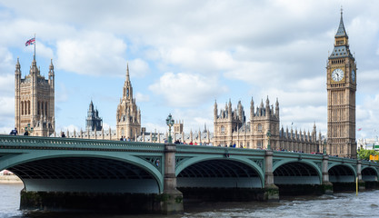 London, UK - Panoramic view of the Houses of Parliament, Palace of Westminster and Westminster...