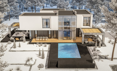 3d rendering of modern cozy house with garage and garden. Cool winter day with shiny white snow. For sale or rent with beautiful white spruce on background