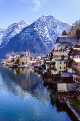 Fototapeta premium Spectacular view on the Hallstatt village from the lake border