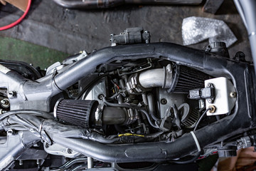 Plakat Engine close up shot of beautiful and custom made motorcycle
