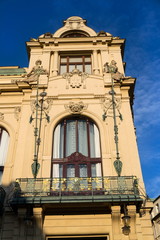 Obraz premium Municipal house architectonic detail, Art Noveau, Prague, Czech Republic, sunny summer day, morning sunrise