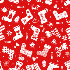 Red simple Christmas stockings for holiday celebrations Scandinavian Nordic style. Christmas, new year decor. Seamless pattern with sock and simple decoration hand drawn