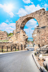 Ruins of ancient city in Side - Old gates to antique theater. © muratart