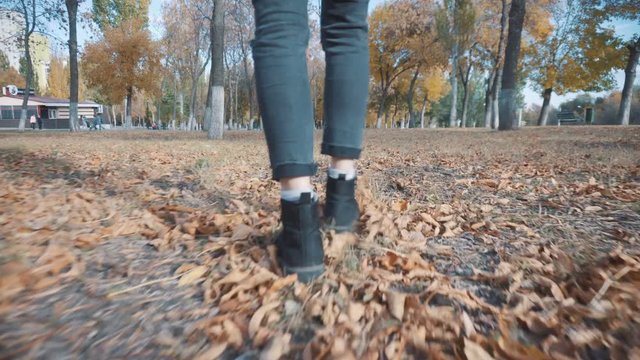 Girl goes on autumn leaves