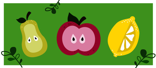Minimal peer, apple, lemon  set of fruits