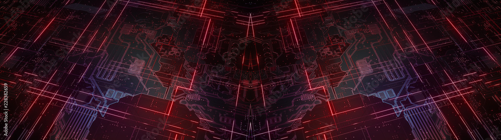 Aufkleber digital electronic circuit board. abstract ultra wide structure of many glowing lines and geometric 