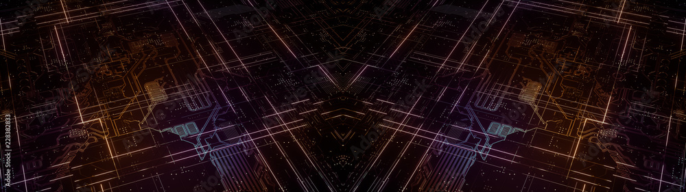 Aufkleber digital electronic circuit board. abstract ultra wide structure of many glowing lines and geometric 