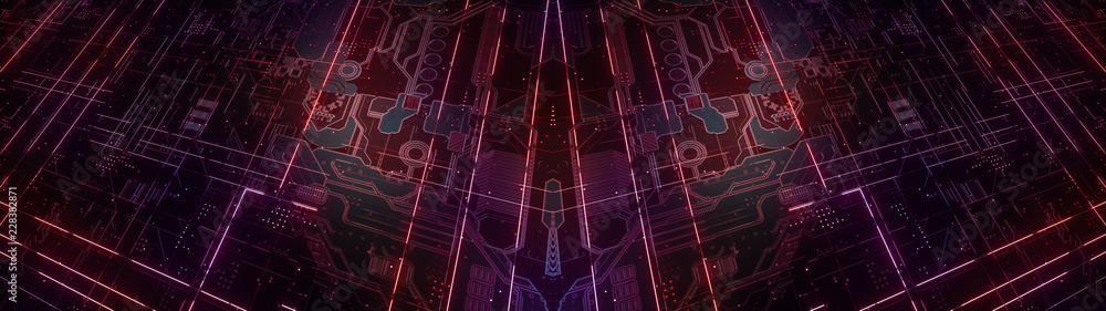 Aufkleber digital electronic circuit board. abstract ultra wide structure of many glowing lines and geometric 