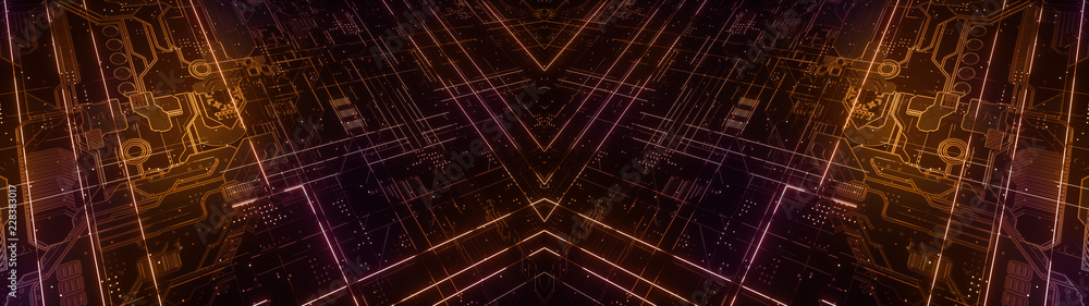 Poster digital electronic circuit board. abstract ultra wide structure of many glowing lines and geometric 