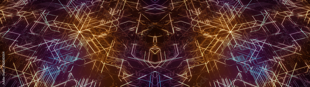Poster digital electronic circuit board. abstract ultra wide structure of many glowing lines and geometric 
