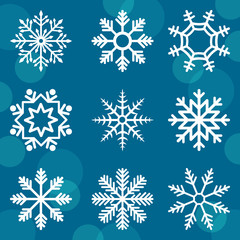 Set of nine snowflakes of different shapes.